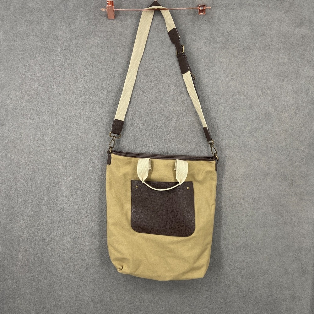Unisex Beige Brown Detachable Strap Bucket Laptop Tablet Divider Padded Hand Bag